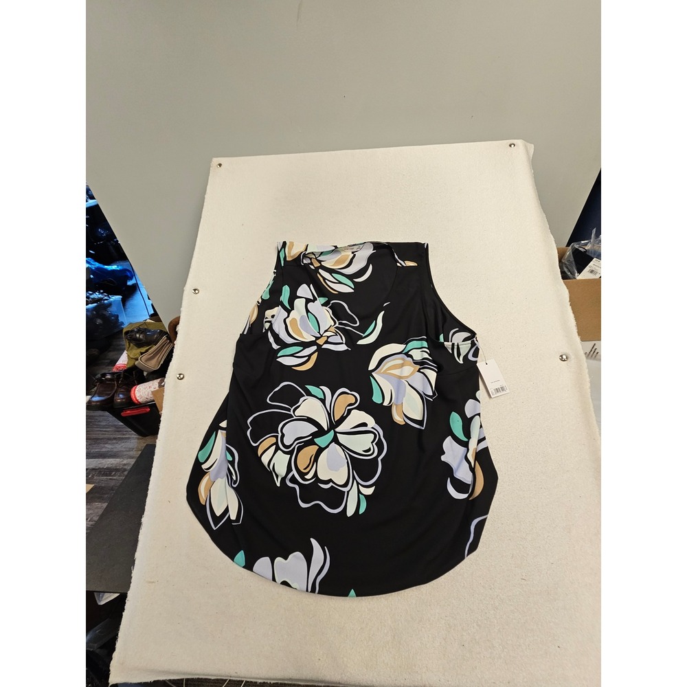 Nine‎ West Womens Plus 3X Floral Sleeveless Blouse Black Mint Green Scoop Neck